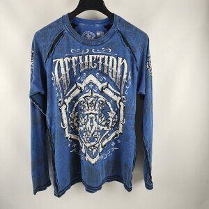 Affliction Shirt Mens XL Blue White Grunge Graphic Print Long Sleeve USA